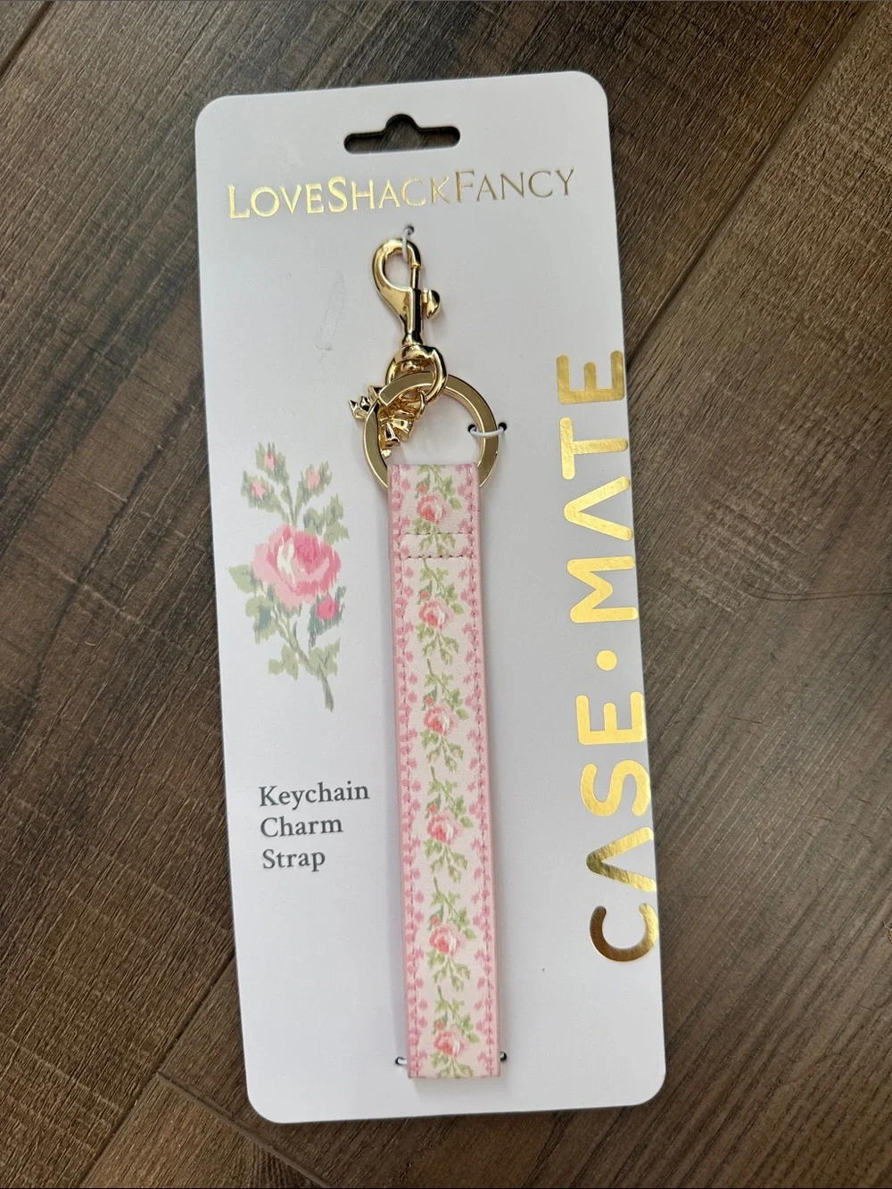LoveShackFancy Pink and Cream Floral Keychain Strap with Gold Hardware